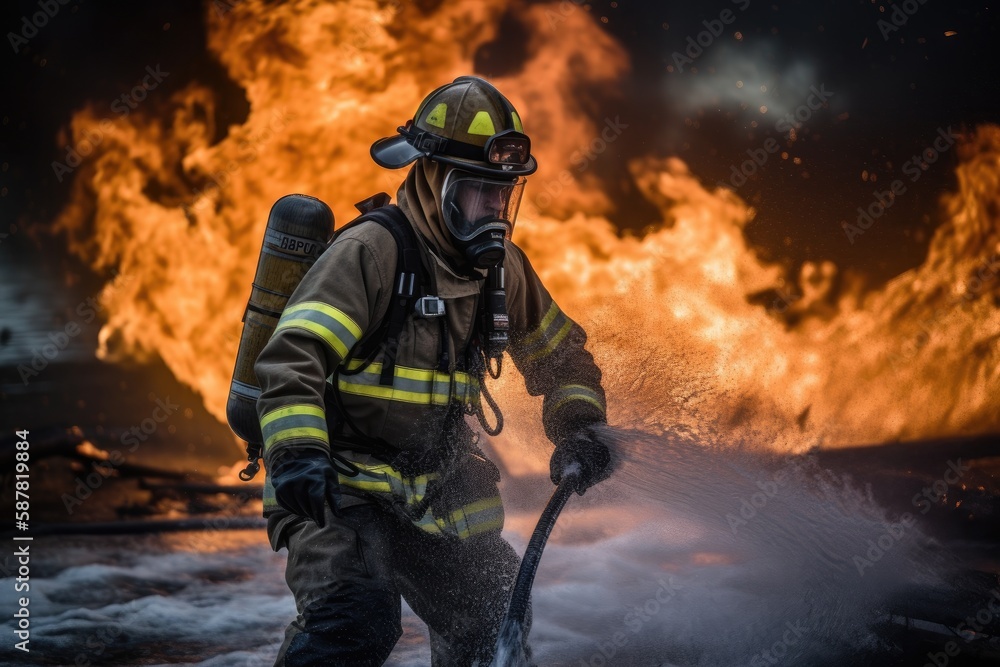 Naklejka premium Firefighter battling a blaze with water. The image conveys a sense of courage, bravery, and the importance of public safety Generative AI