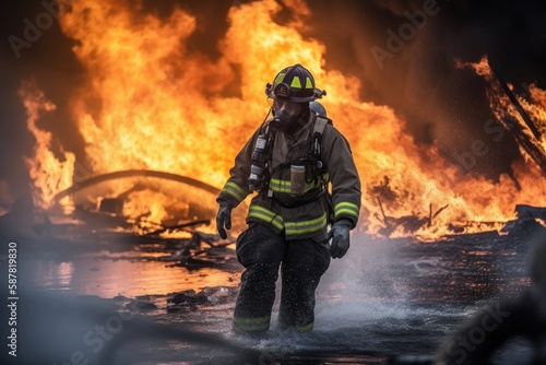 Firefighter battling a blaze with water. The image conveys a sense of courage, bravery, and the importance of public safety Generative AI