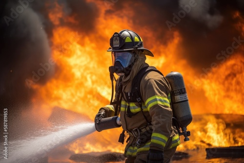 Firefighter battling a blaze with water. The image conveys a sense of courage  bravery  and the importance of public safety Generative AI