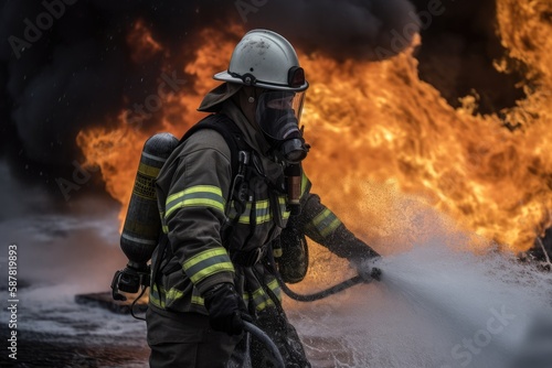 Firefighter battling a blaze with water. The image conveys a sense of courage, bravery, and the importance of public safety Generative AI