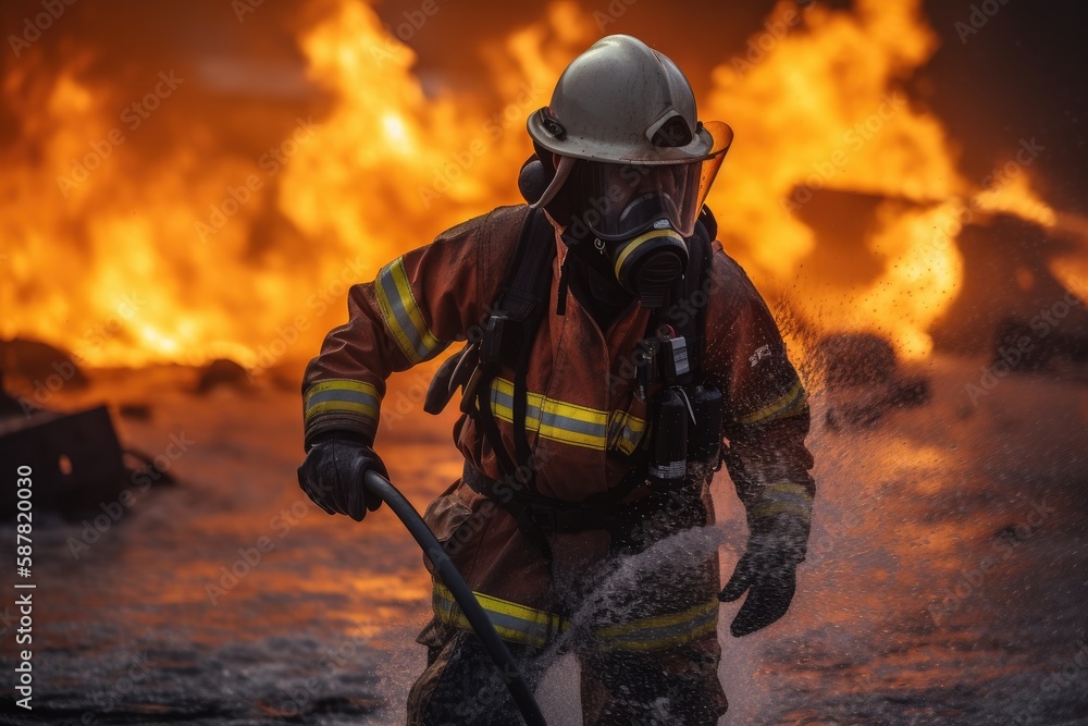 Fototapeta premium Firefighter battling a blaze with water. The image conveys a sense of courage, bravery, and the importance of public safety Generative AI
