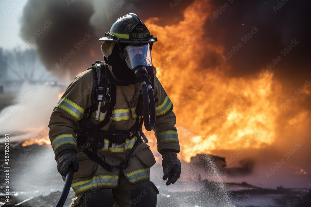 Fototapeta premium Firefighter battling a blaze with water. The image conveys a sense of courage, bravery, and the importance of public safety Generative AI