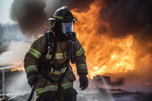 Firefighter battling a blaze with water. The image conveys a sense of courage, bravery, and the importance of public safety Generative AI