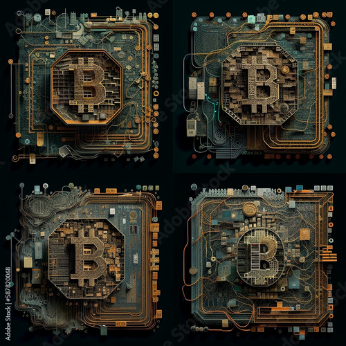 Generative AI Bitcoin Logo made out of microchips and pc boards