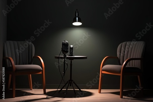 Interior of a room with chairs and table with microphones and a lamp. Generative AI