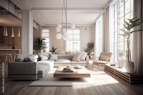 cozy living room with natural light coming through a large window. Generative AI © AkuAku