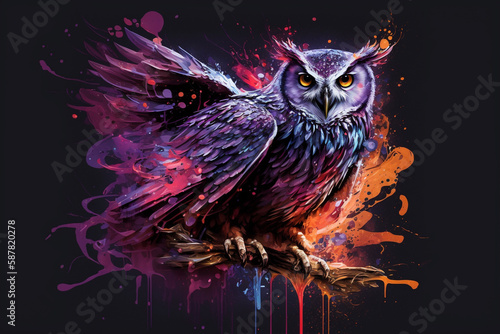 Creative portrait of a wild bird owl with splash of color pink and yellow. Wildlife nature illustration. Ai generated © dragomirescu