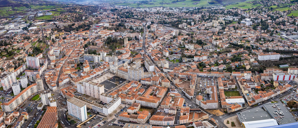 Aerial view around the old town of the city St-Chamond in France on an early morning in spring.