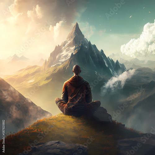 Man Meditation On A Top Mountain. Generative AI