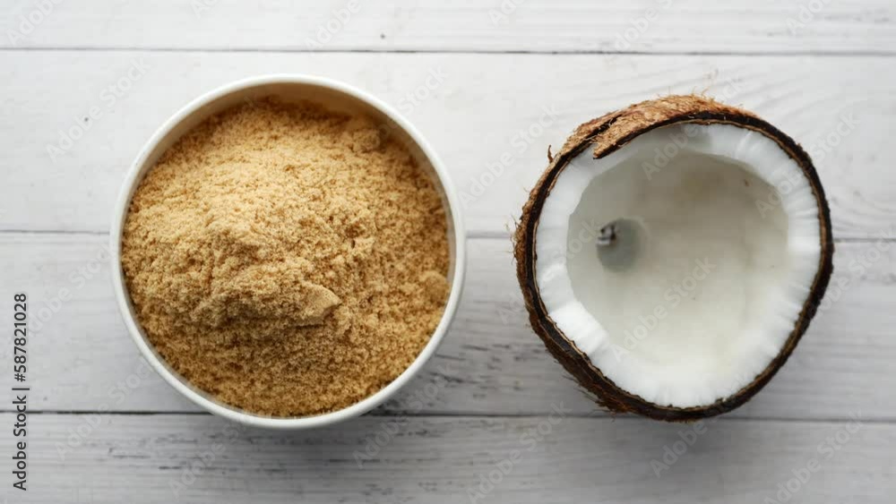 coconut sugar in a white bowl on table coconut sugar in a white bowl on table