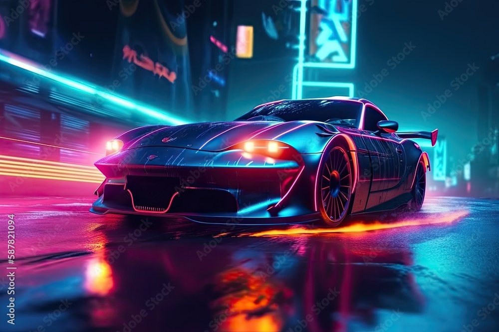 car driving down a busy city street at night with glowing lights and ...