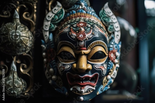 close-up view of a decorative mask displayed on a wooden shelf. Generative AI © AkuAku
