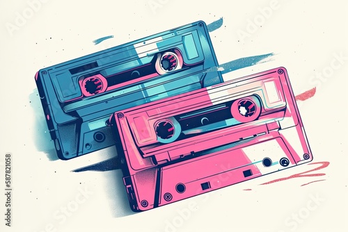 Illustration of two cassette tapes stacked on top of each other in pink and blue colors. Generative AI
