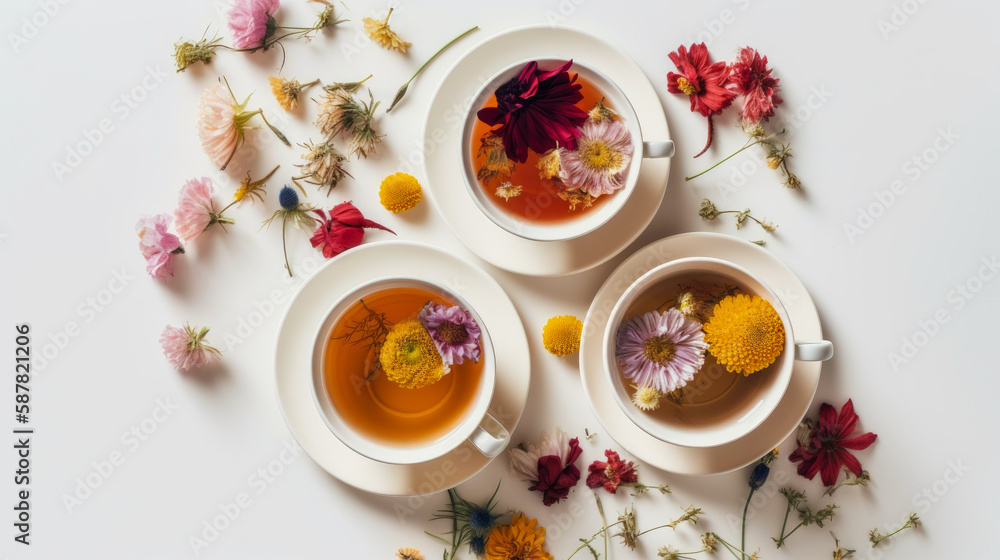 flat lay of cup and flowers Generative AI flat lay of cup and flowers Generative AI