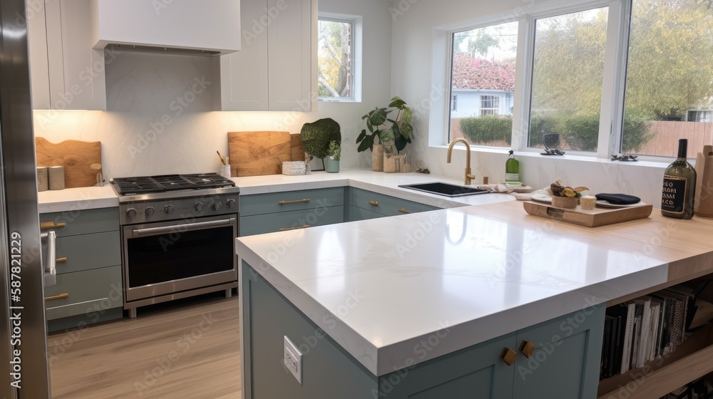 modern kitchen interior. white caesarstone countertops. Generative AI.