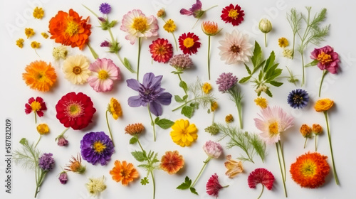 flat lay of different types of summer flowers Generative AI