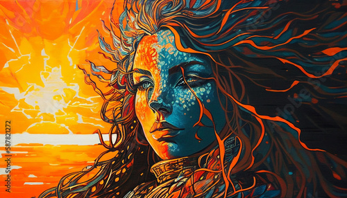 An abstract chromolithographic print with encaustic oil & ink, portrait of a cosmic sun warrior queen with flowing hair made of iridescent waves, sunrise eyes, celestial armor, minimalism