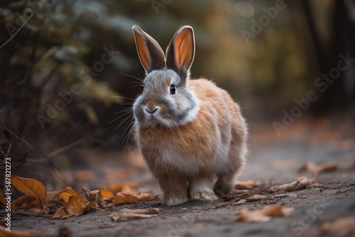 cute rabbit sitting on a bed of autumn leaves. Generative AI © AkuAku
