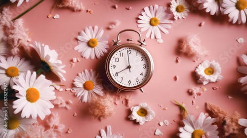 Summer time flowers with the clock in the center flat lay Generative AI