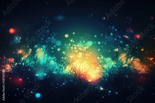 vibrant night landscape with illuminated grass and colorful lights. Generative AI