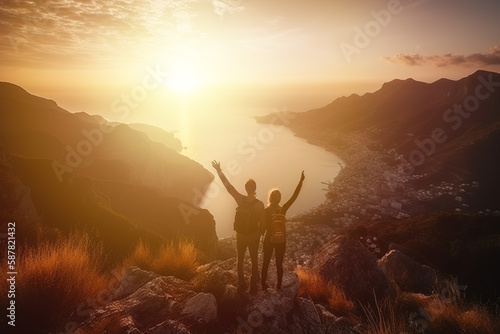 Back view of young happy couple at mountain top with raised arms looking great coast panorama at sunset. Generative AI.