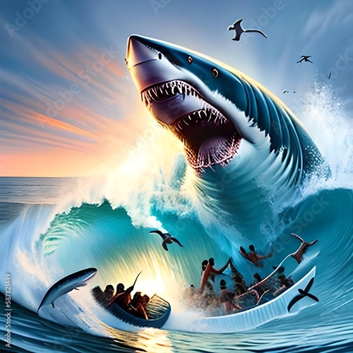 illustration painting of giant shark attacks people in the sea