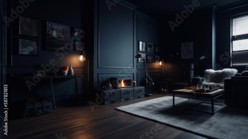 Dark minimal living room interior