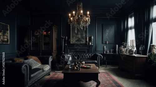 Dark minimal living room interior