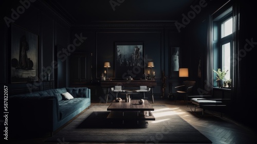 Dark minimal living room interior