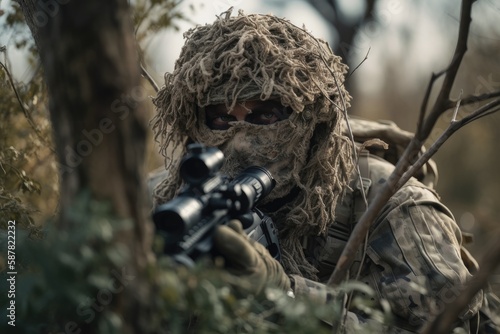 Sniper hidden in the woods taking aim to shoot. The image conveys a sense of danger, stealth, and military tactics Generative AI © ChaoticMind