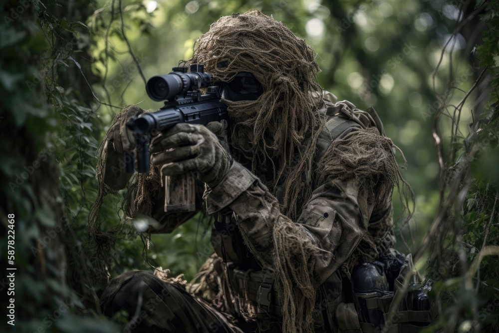 Sniper hidden in the woods taking aim to shoot. The image conveys a sense of danger, stealth, and military tactics Generative AI