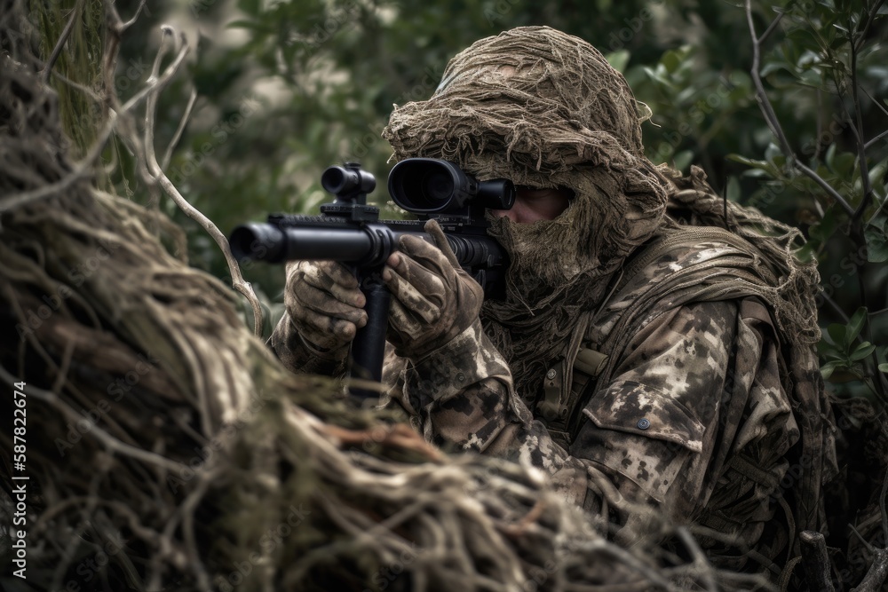 Sniper hidden in the woods taking aim to shoot. The image conveys a sense of danger, stealth, and military tactics Generative AI Sniper hidden in the woods taking aim to shoot. The image conveys a sense of danger, stealth, and military tactics Generative AI