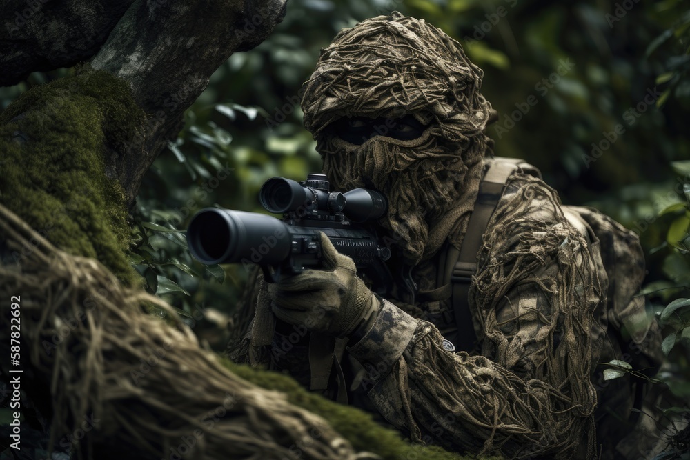 sniper hidden in the woods taking aim to shoot. The image conveys a sense of danger, stealth, and military tactics Generative AI sniper hidden in the woods taking aim to shoot. The image conveys a sense of danger, stealth, and military tactics Generative AI