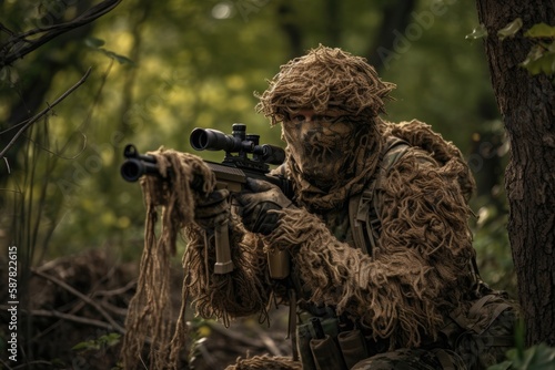 Sniper hidden in the woods taking aim to shoot. The image conveys a sense of danger, stealth, and military tactics Generative AI