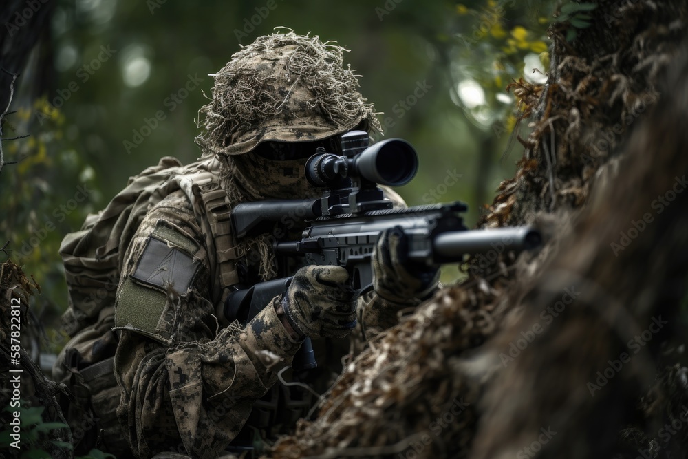 sniper hidden in the woods taking aim to shoot. The image conveys a sense of danger, stealth, and military tactics Generative AI sniper hidden in the woods taking aim to shoot. The image conveys a sense of danger, stealth, and military tactics Generative AI