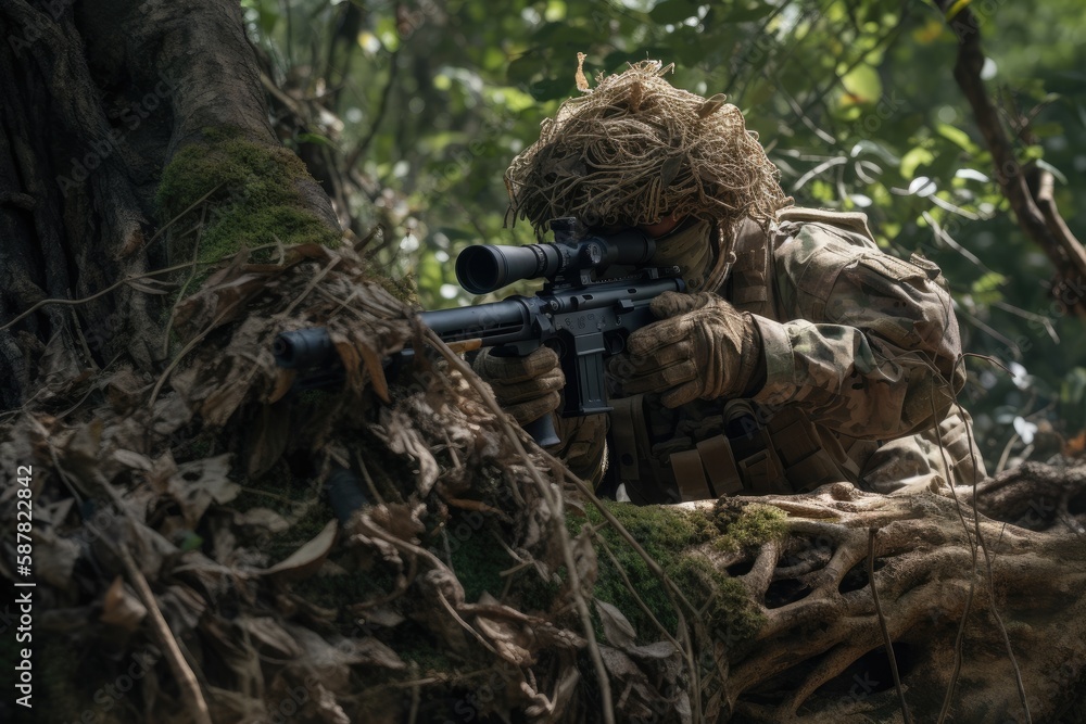 sniper hidden in the woods taking aim to shoot. The image conveys a sense of danger, stealth, and military tactics Generative AI