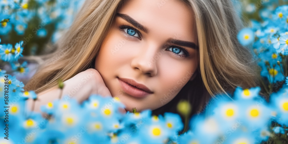 Top view of amazing woman lying on grass among blue blossom flowers. Springtime concept. Beautiful Smiling Girl on spring lawn. digital ai art
Top view of amazing woman lying on grass among blue blossom flowers. Springtime concept. Beautiful Smiling Girl on spring lawn. digital ai art