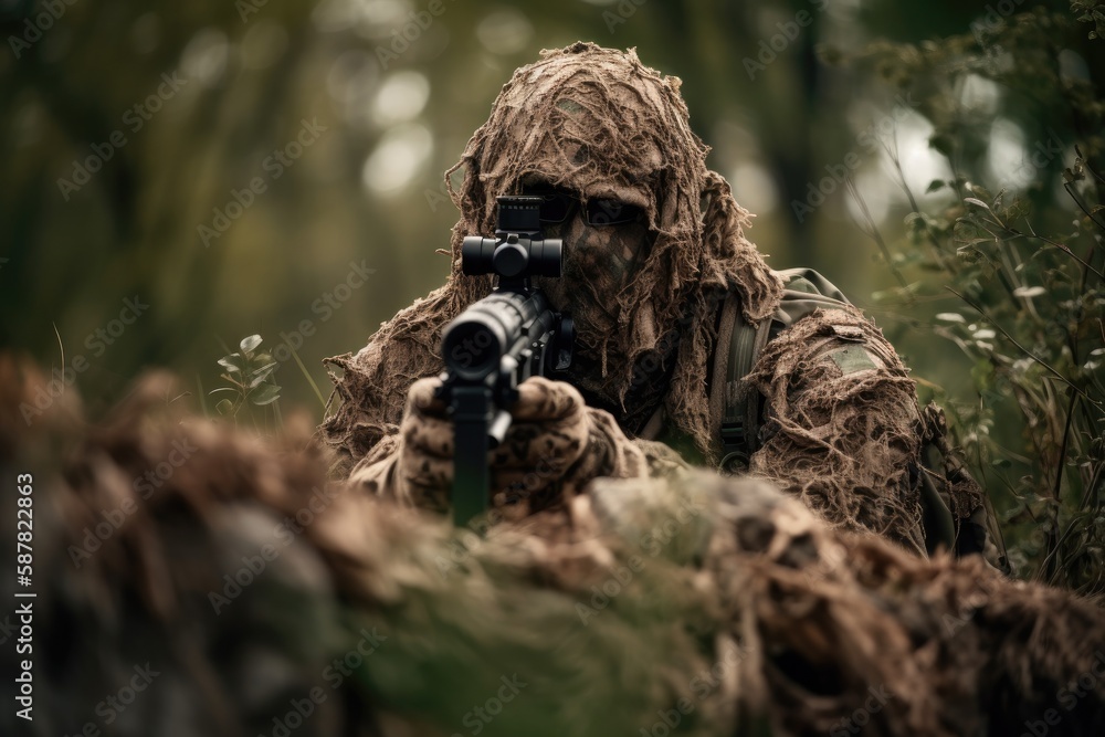sniper hidden in the woods taking aim to shoot. The image conveys a sense of danger, stealth, and military tactics Generative AI sniper hidden in the woods taking aim to shoot. The image conveys a sense of danger, stealth, and military tactics Generative AI