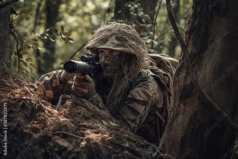 sniper hidden in the woods taking aim to shoot. The image conveys a sense of danger, stealth, and military tactics Generative AI