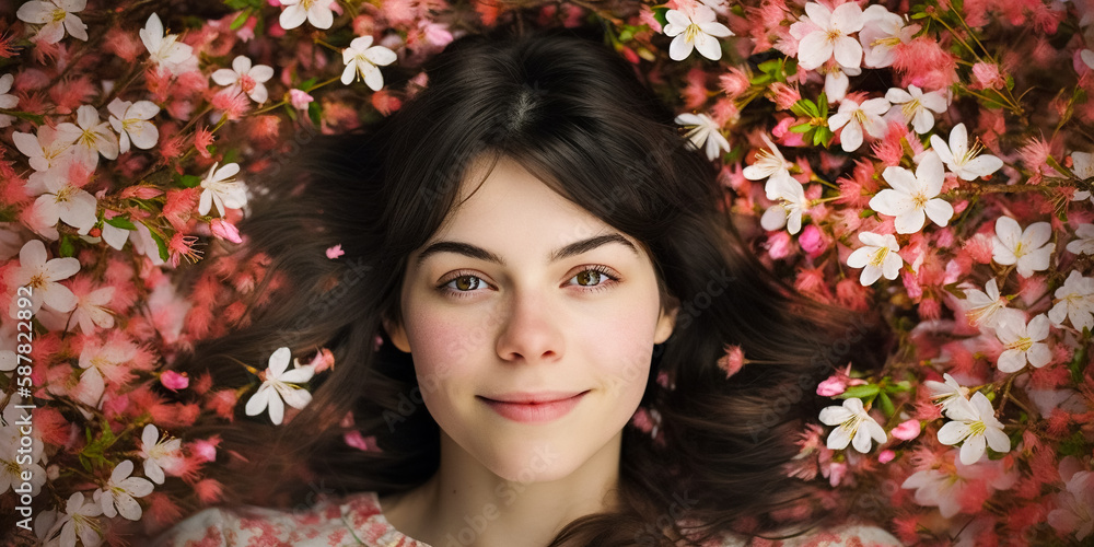 Top view of happy amazing woman lying on grass among pink blossom flowers. Springtime concept. Beautiful Smiling Girl on spring lawn. digital ai art


