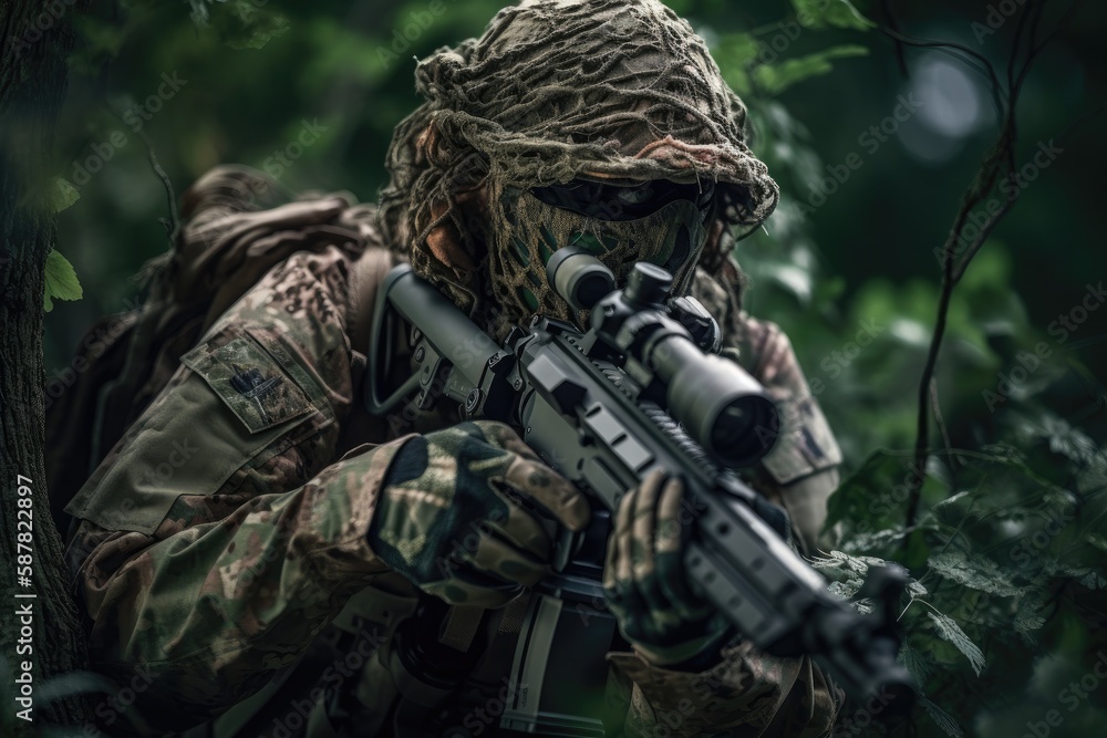 sniper hidden in the woods taking aim to shoot. The image conveys a sense of danger, stealth, and military tactics Generative AI sniper hidden in the woods taking aim to shoot. The image conveys a sense of danger, stealth, and military tactics Generative AI