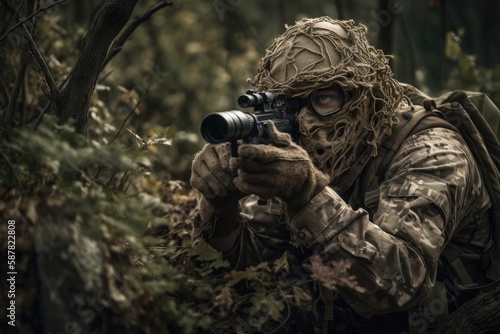 sniper hidden in the woods taking aim to shoot. The image conveys a sense of danger, stealth, and military tactics Generative AI © ChaoticMind