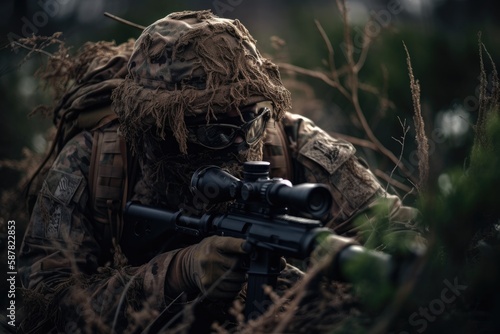 sniper hidden in the woods taking aim to shoot. The image conveys a sense of danger, stealth, and military tactics Generative AI