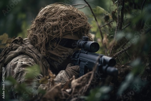 sniper hidden in the woods taking aim to shoot. The image conveys a sense of danger, stealth, and military tactics Generative AI