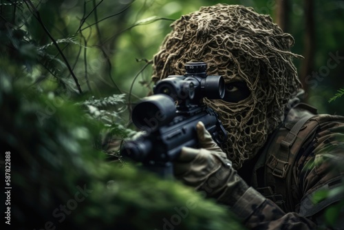 sniper hidden in the woods taking aim to shoot. The image conveys a sense of danger, stealth, and military tactics Generative AI