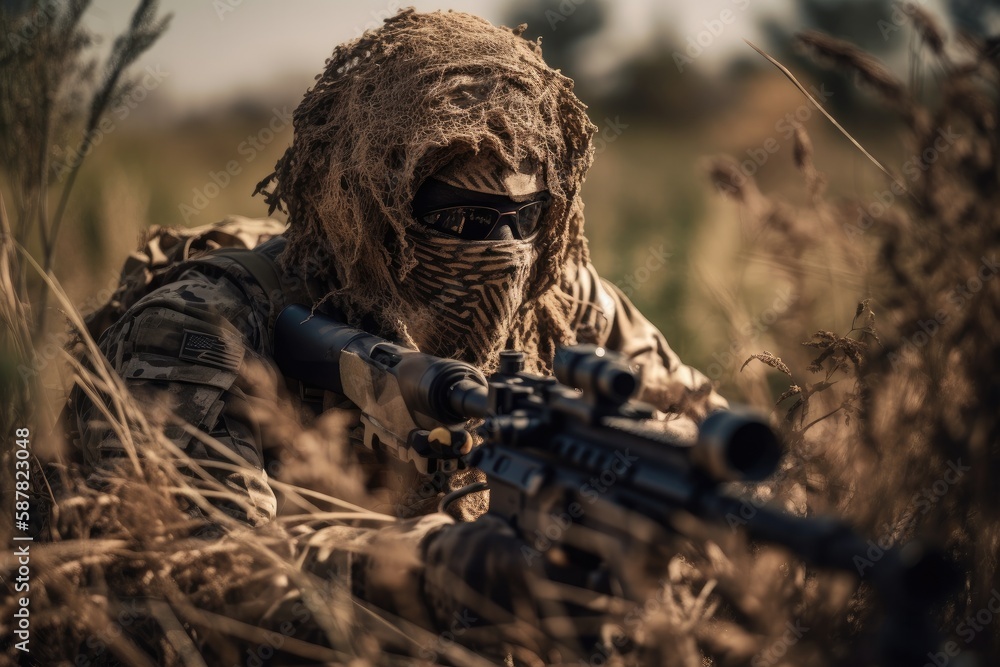 sniper hidden in the woods taking aim to shoot. The image conveys a sense of danger, stealth, and military tactics Generative AI sniper hidden in the woods taking aim to shoot. The image conveys a sense of danger, stealth, and military tactics Generative AI