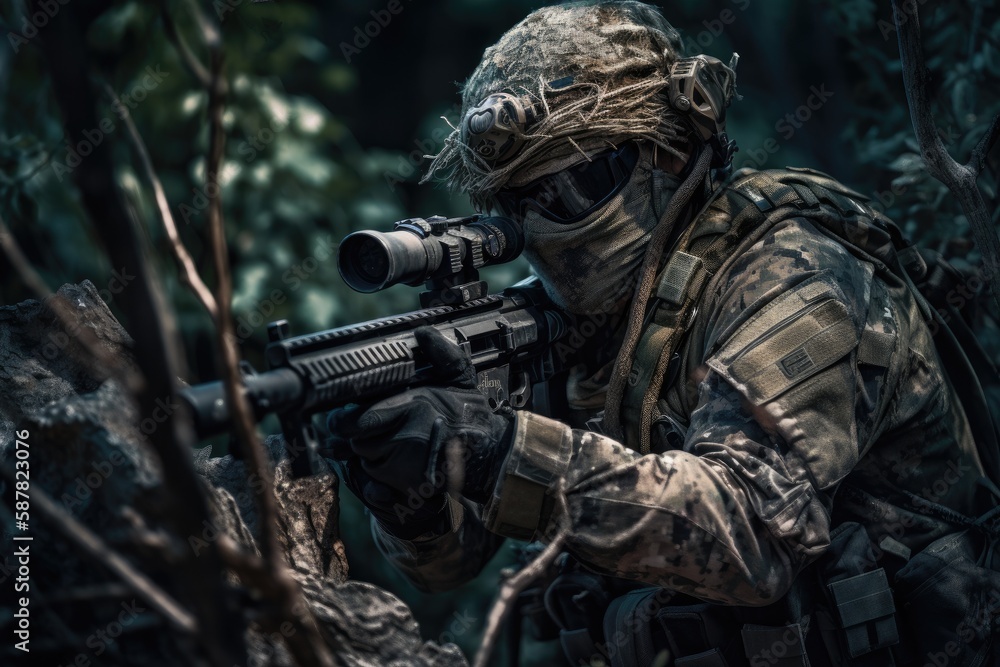 sniper hidden in the woods taking aim to shoot. The image conveys a sense of danger, stealth, and military tactics Generative AI