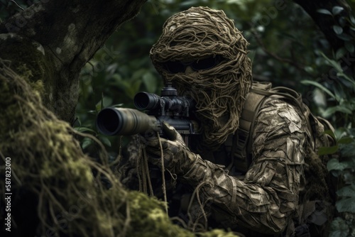 sniper hidden in the woods taking aim to shoot. The image conveys a sense of danger, stealth, and military tactics Generative AI