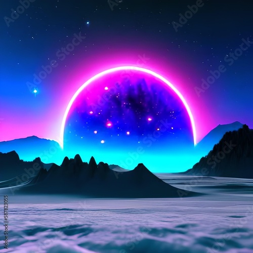 Abstract fantasy neon space landscape. Star nebulae, month and moon, mountains, fog. Unreal fantasy world