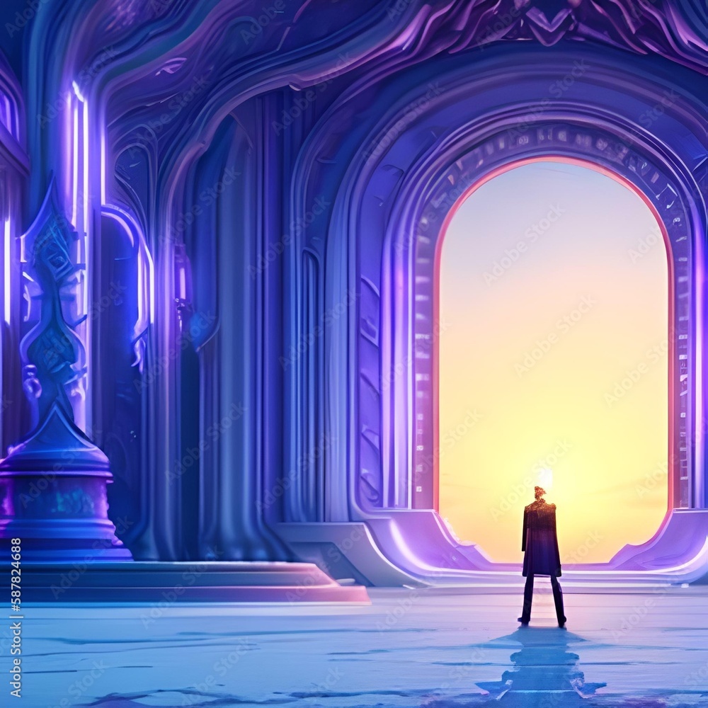 Fantasy concept showing a A man standing in front of the glowing purple entrance to go to another world
